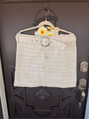 INC International Concepts Cream Bouclé Mini Skirt with Silver Ring Belt